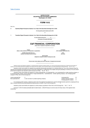 Thumbnail C&F Financial Corporation

 10-Q Quarterly Report FY 