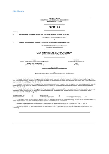 Thumbnail C&F Financial Corporation

 10-Q Quarterly Report FY 