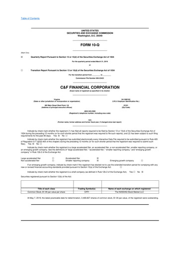 Thumbnail C&F Financial Corporation

 10-Q Quarterly Report FY 