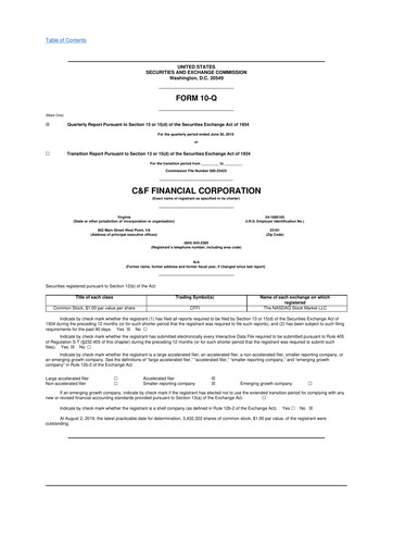 Thumbnail C&F Financial Corporation

 10-Q Quarterly Report FY 