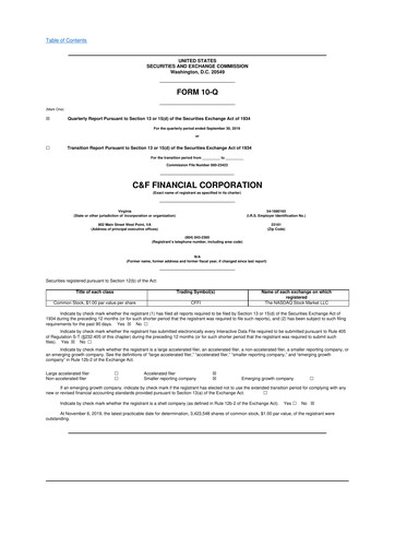 Thumbnail C&F Financial Corporation

 10-Q Quarterly Report FY 