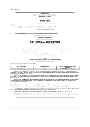 Thumbnail C&F Financial Corporation

 10-Q Quarterly Report FY 