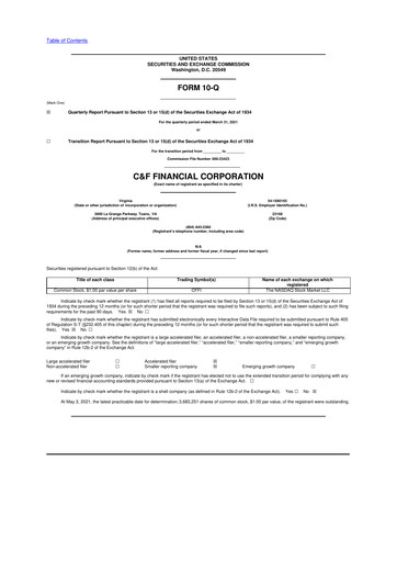Thumbnail C&F Financial Corporation

 10-Q Quarterly Report FY 