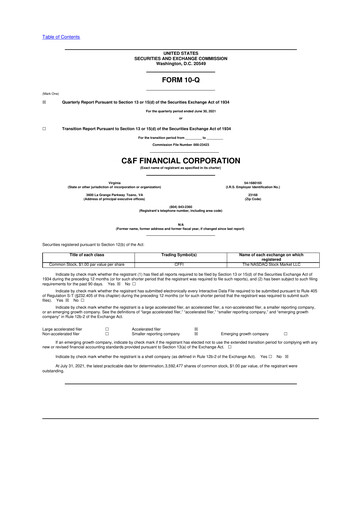 Thumbnail C&F Financial Corporation

 10-Q Quarterly Report FY 