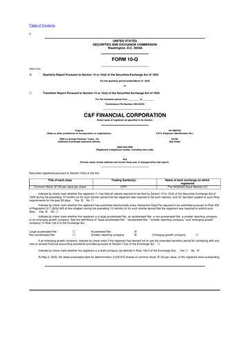 Thumbnail C&F Financial Corporation

 10-Q Quarterly Report FY 