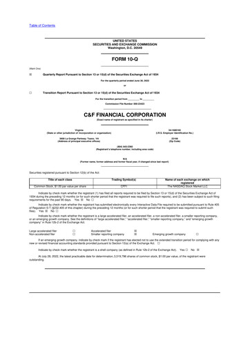 Thumbnail C&F Financial Corporation

 10-Q Quarterly Report FY 