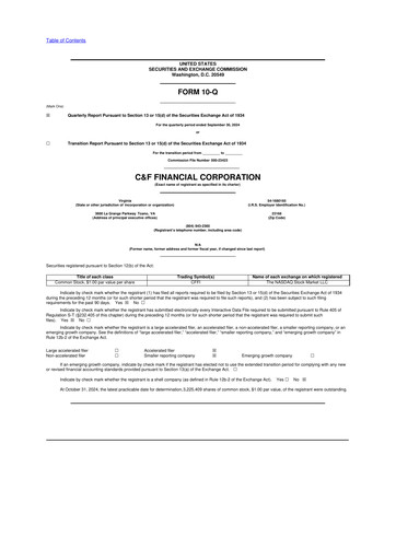 Thumbnail C&F Financial Corporation

 10-Q Quarterly Report FY 