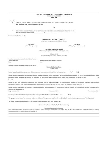 Thumbnail Middlesex Water Company
 10-K Annual Report 