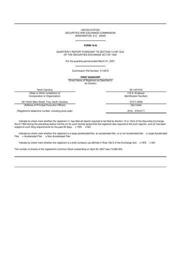Thumbnail First Bancorp
 10-Q Quarterly Report FY 