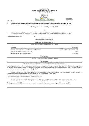 Miniature Berkshire Hills Bancorp 10-Q Rapport trimestriel  