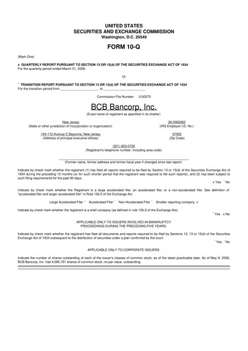 Thumbnail BCB Bancorp 10-Q Quarterly Report FY 