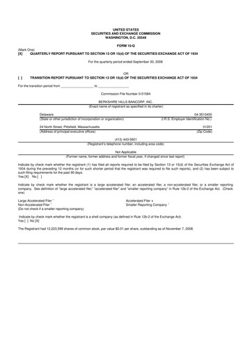 Thumbnail Berkshire Hills Bancorp 10-Q Quarterly Report FY 