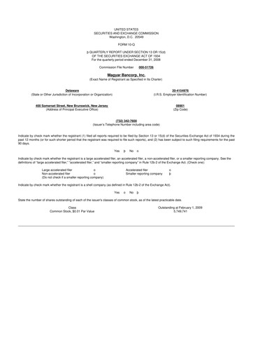 Thumbnail Magyar Bancorp 10-Q Quarterly Report FY 