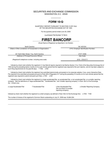 Thumbnail First Bancorp
 10-Q Quarterly Report FY 