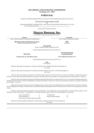 Miniature Magyar Bancorp 10-K Rapport annuel 