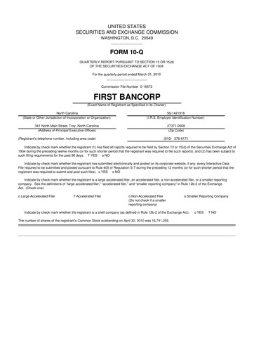 Thumbnail First Bancorp
 10-Q Quarterly Report FY 