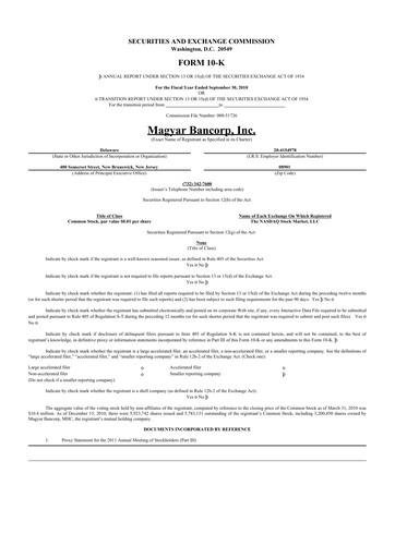 Miniature Magyar Bancorp 10-K Rapport annuel 