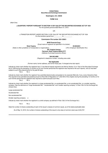 Thumbnail MVB Financial 10-Q Quarterly Report FY2012 