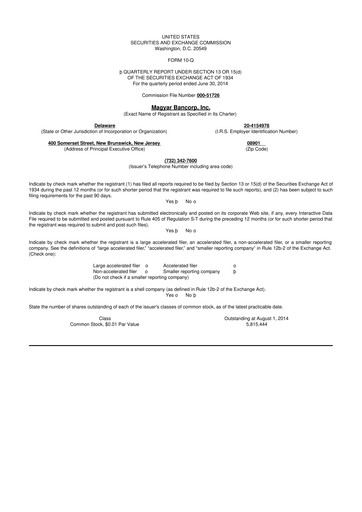 Thumbnail Magyar Bancorp 10-Q Quarterly Report FY2014 