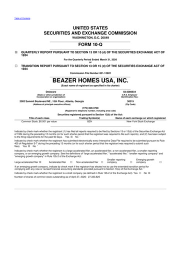 Miniature Beazer Homes USA
 10-Q Rapport trimestriel  