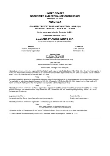 Thumbnail AvalonBay Communities 10-Q Quarterly Report FY2014 