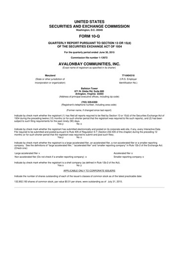 Thumbnail AvalonBay Communities 10-Q Quarterly Report FY2015 