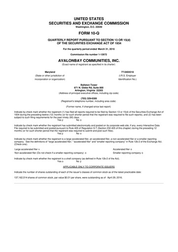 Thumbnail AvalonBay Communities 10-Q Quarterly Report FY2016 