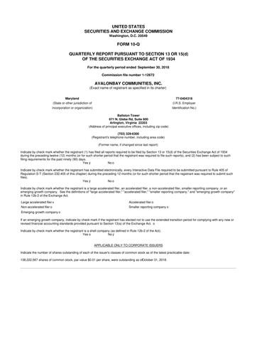 Thumbnail AvalonBay Communities 10-Q Quarterly Report FY2018 