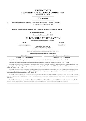 Thumbnail Albemarle 10-K Annual Report 2016