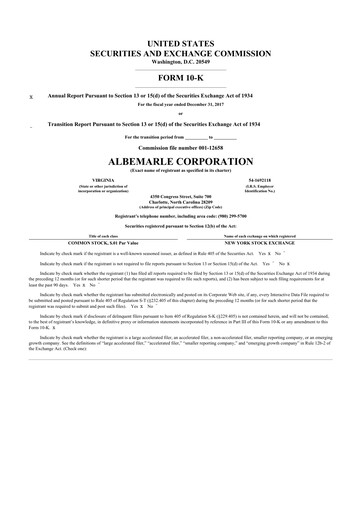 Thumbnail Albemarle 10-K Annual Report 2017