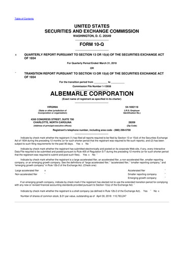 Thumbnail Albemarle 10-Q Quarterly Report FY2018 