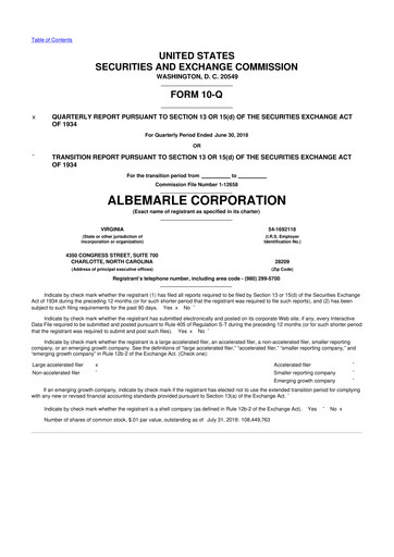 Thumbnail Albemarle 10-Q Quarterly Report FY2018 