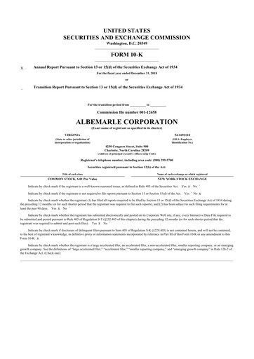 Thumbnail Albemarle 10-K Annual Report 2018