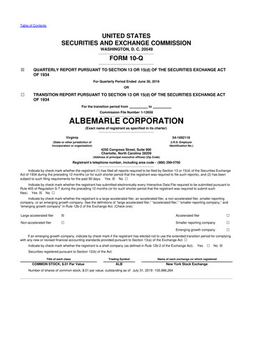 Thumbnail Albemarle 10-Q Quarterly Report FY2019 