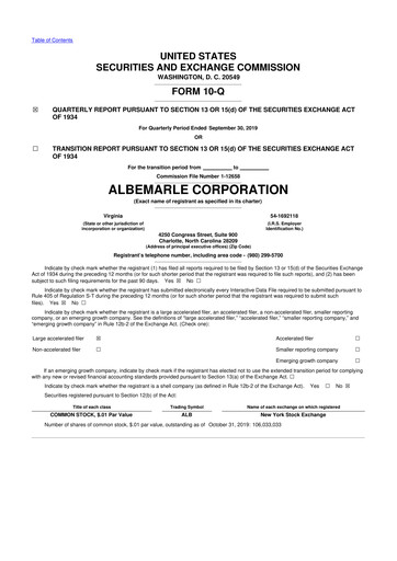 Thumbnail Albemarle 10-Q Quarterly Report FY2019 