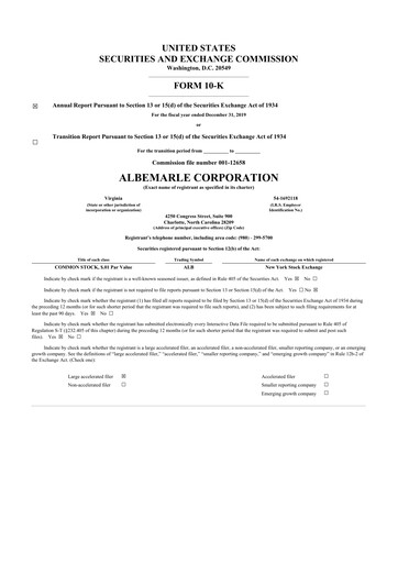 Thumbnail Albemarle 10-K Annual Report 2019