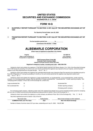 Thumbnail Albemarle 10-Q Quarterly Report FY2020 