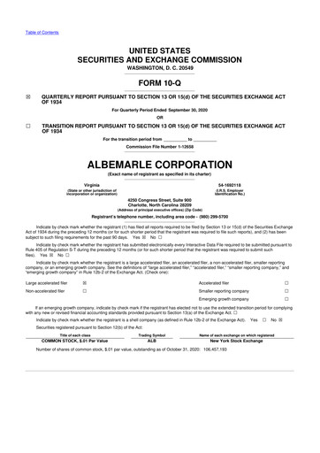 Thumbnail Albemarle 10-Q Quarterly Report FY2020 