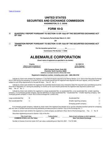 Thumbnail Albemarle 10-Q Quarterly Report FY2021 