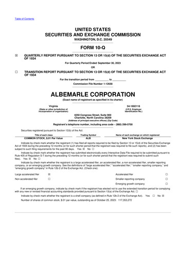 Thumbnail Albemarle 10-Q Quarterly Report FY2023 