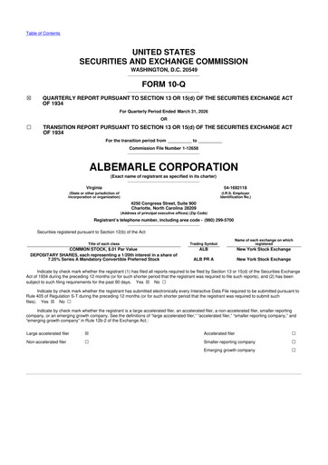 Thumbnail Albemarle 10-Q Quarterly Report FY 
