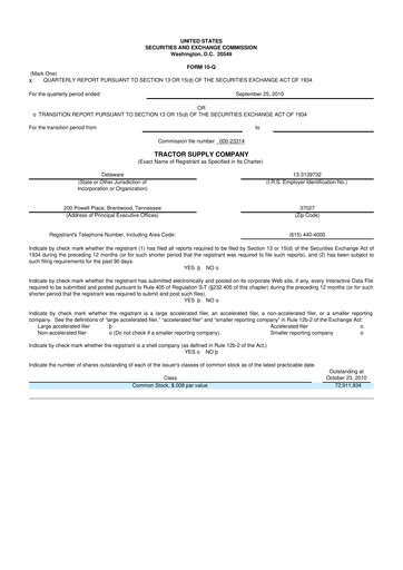Thumbnail Tractor Supply 10-Q Quarterly Report FY2010 