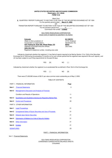 Thumbnail Solitario Resources
 10-Q Quarterly Report FY 