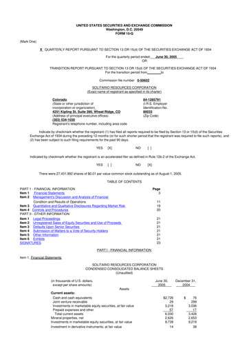 Thumbnail Solitario Resources
 10-Q Quarterly Report FY 