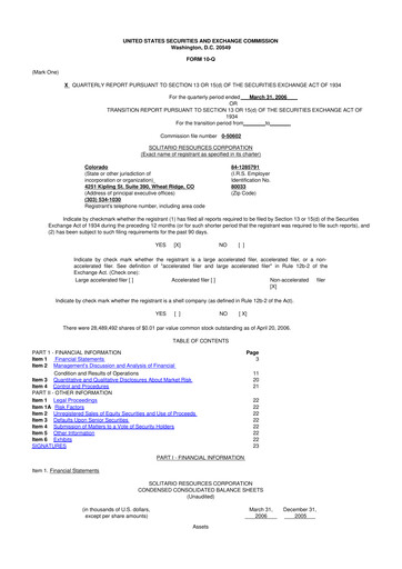 Thumbnail Solitario Resources
 10-Q Quarterly Report FY 