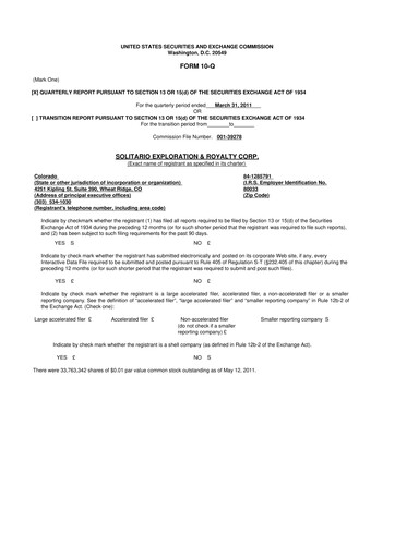 Thumbnail Solitario Resources
 10-Q Quarterly Report FY 