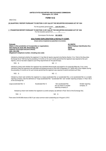 Thumbnail Solitario Resources
 10-Q Quarterly Report FY2012 