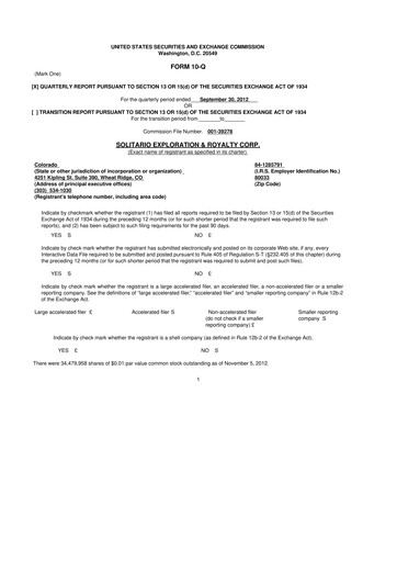 Thumbnail Solitario Resources
 10-Q Quarterly Report FY2012 
