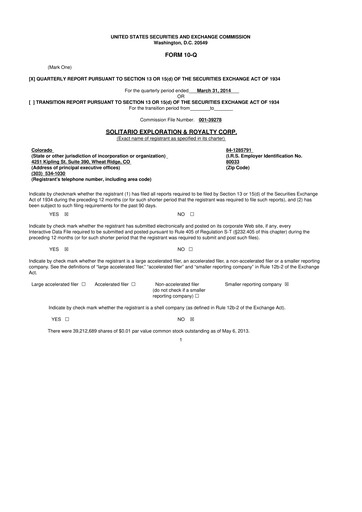 Thumbnail Solitario Resources
 10-Q Quarterly Report FY2014 