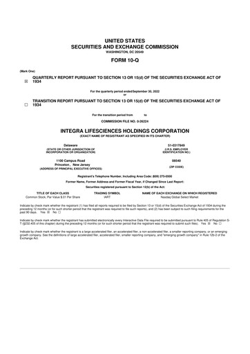 Miniature Integra LifeSciences 10-Q Rapport trimestriel 2022 